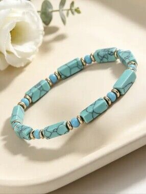 Natural Turquoise Retangular Beaded Bracelet New with tags